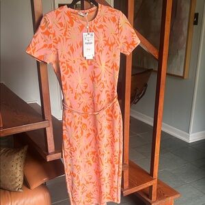 Zara Pink and Orange Floral Midi Dress